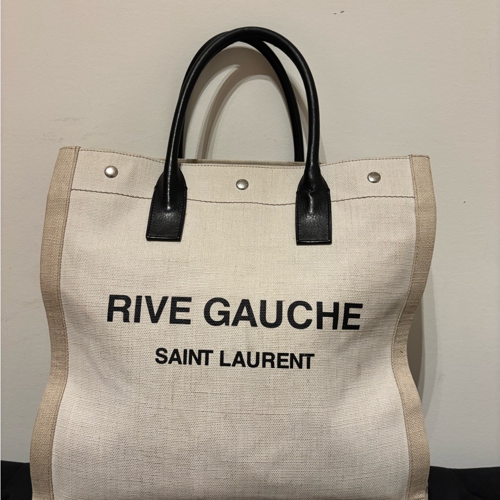 Saint Laurent Rive Gauche Canvas Tote in Black and Cream